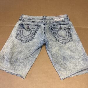 True Religion Ricky Shorts Mens 34 Blue Acid Wash Denim Cutoff Raw Hem Relaxed